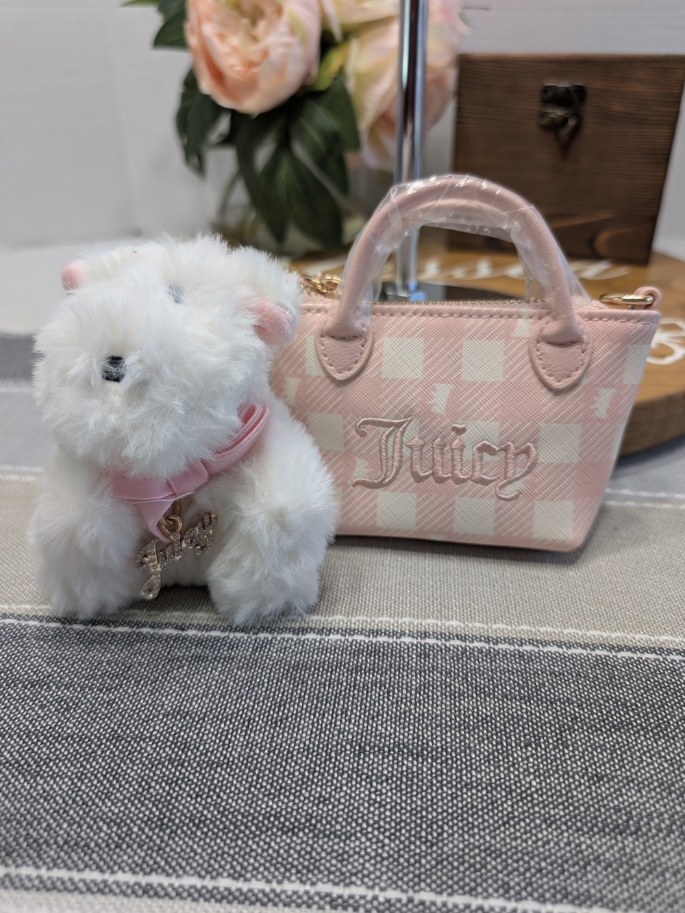 Juicy Couture Pink Gingham Mini Tote with Plush White Puppy Charm